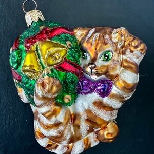 Christmas Ornament CAT Bells Kitten Hand-Blown Glass POLAND Tabby Wreath